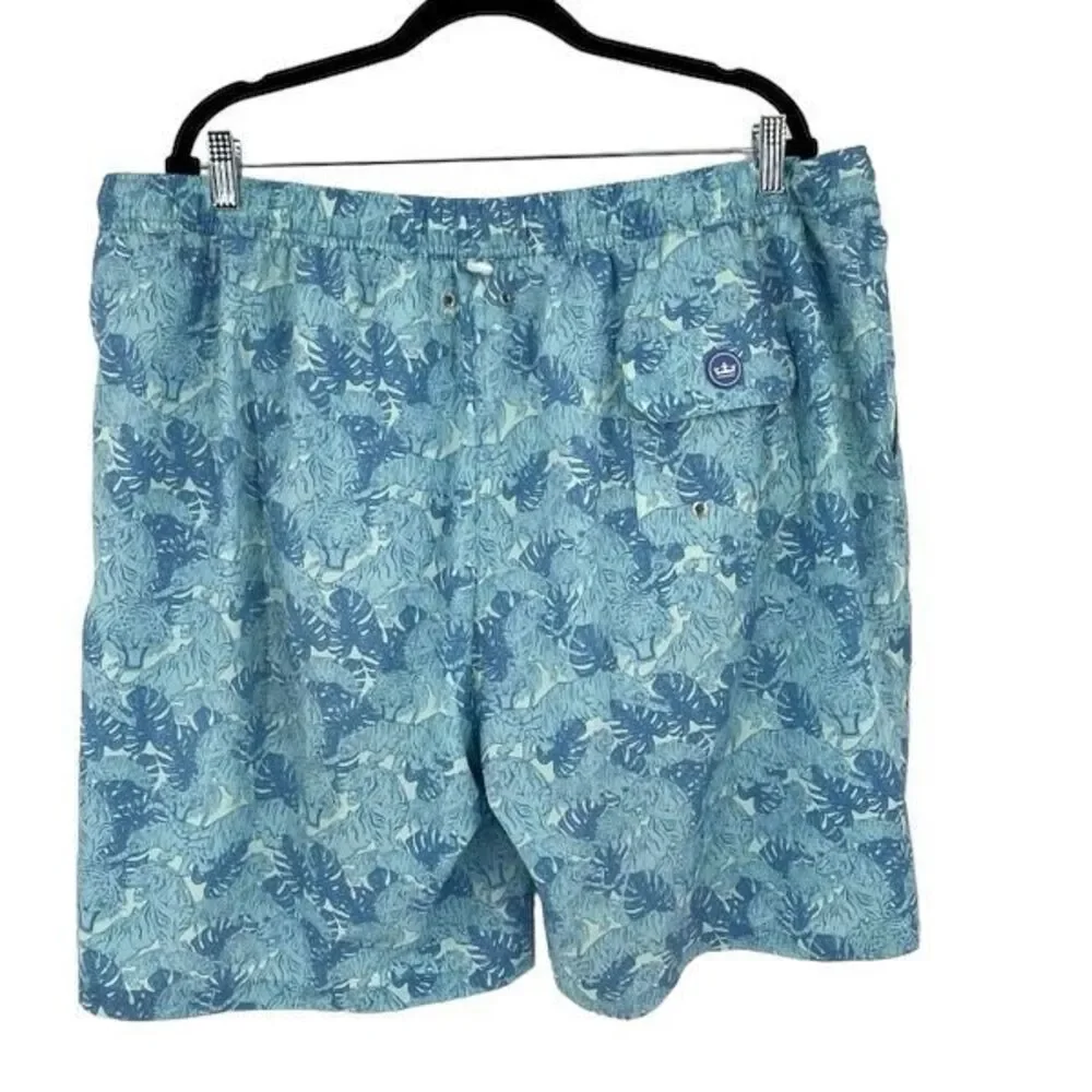Peter Millar Men's Seascape Tiger Leaf Print Swim Trunk‎ Shorts Blue Size XXL 8”